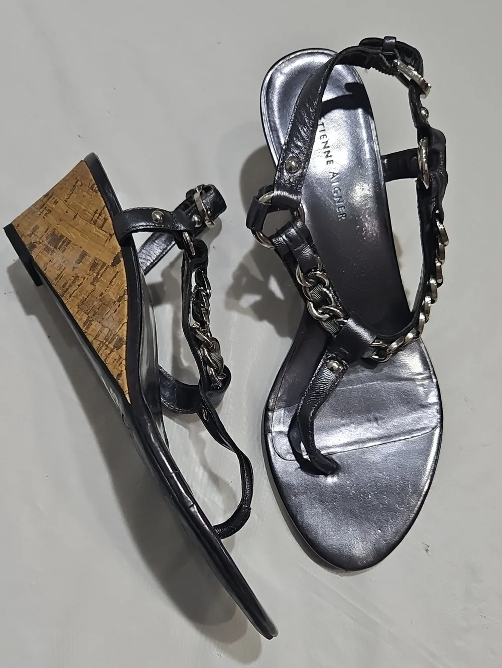Etienne Aigner Black Wedge Sandals with Chain Trim